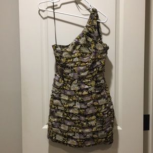NWT Zara One Shoulder Ruched Floral Dress gold metallic threading lined size M